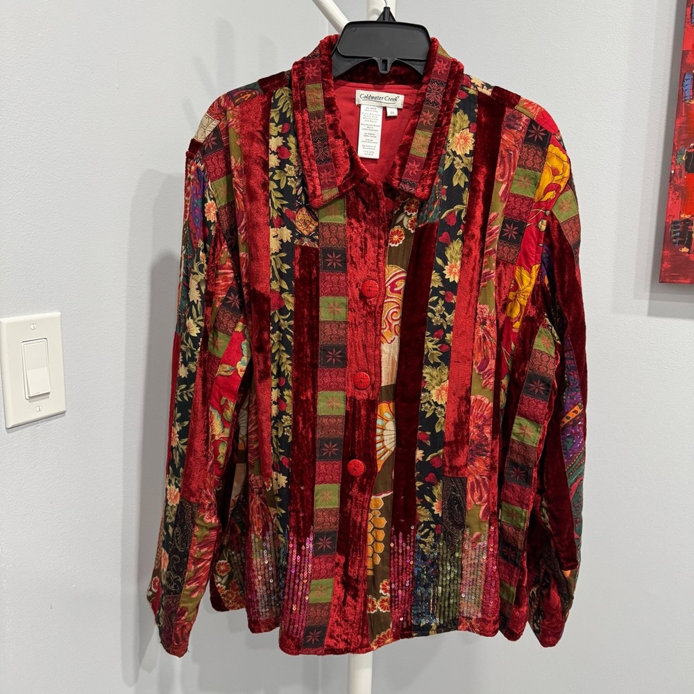 Coldwater Creek Red Velvet Patchwork Jacket